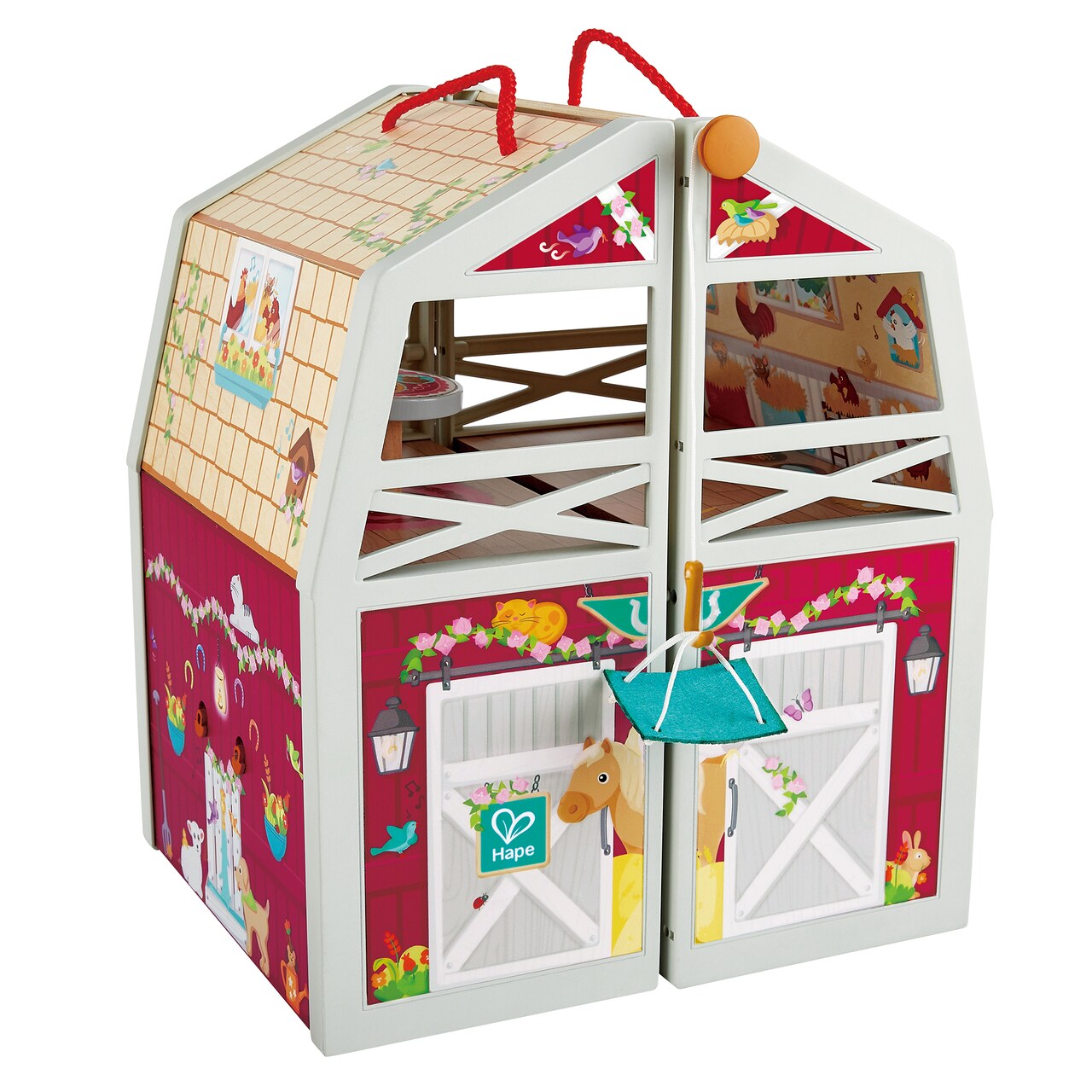 Hape: Pony Club Ranch - Wooden 2 Level Barn Dollhouse, White & Red, Horse & Rider Figures, Open & Reveal, Rope Handle, 13.8"x11.4"x9.4", Kids Ages 3+